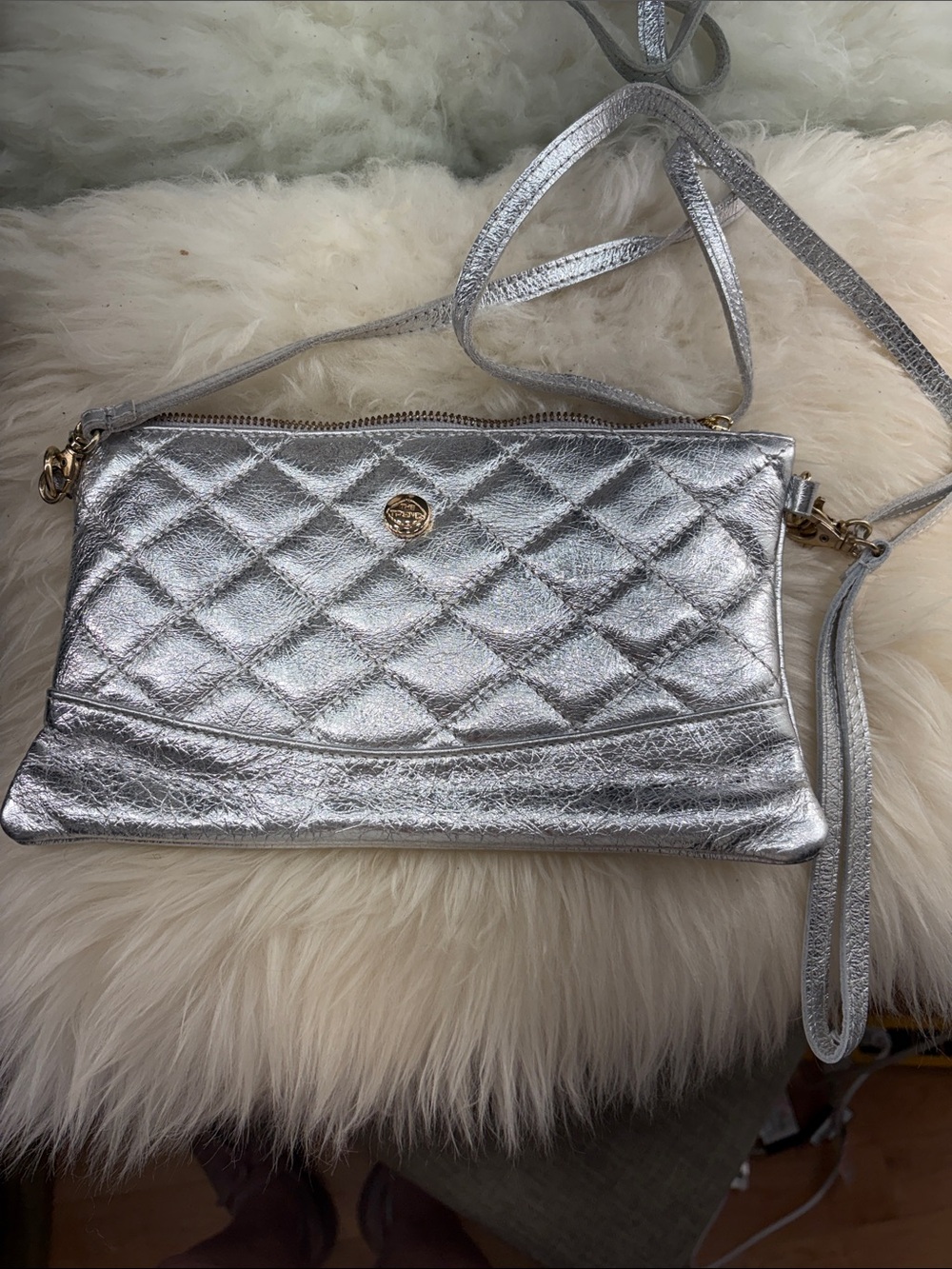 Quilted Metallic Silver Crossbody Bag with Gold Accent